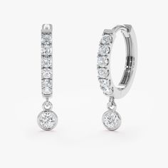 Handcrafted pair of solid 14k white gold diamond lined hoop earrings with hanging diamond bezel Diamond Earrings Hoop, Drop Hoop Earrings, Diamond Stacks, Bezel Set Diamond, Earrings Hoop, Diamond Charm, Diamond Carat, Huggie Earrings, Diamond Drops