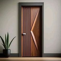 a wooden door sitting next to a potted plant