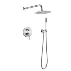 a shower head and hand shower with thermostaer in stainless steel, on a white background