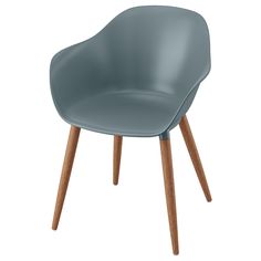 a blue chair with wooden legs on a white background