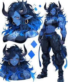 an image of a woman with horns on her head and blue hair, in different poses