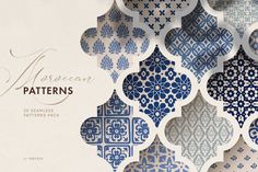 an assortment of blue and white patterned tiles with the words american patterns written in cursive writing