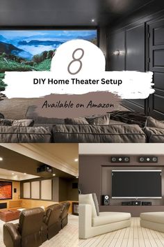 a collage of photos with the words 8 diy home theater setup available on amazon