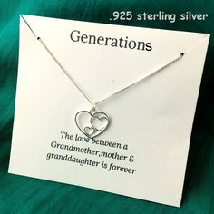 This generations necklace features three nesting hearts to symbolize three family members, this piece is a great representation of Grandmother, Mother and Granddaughter sharing the same love! Material: .925 sterling silver Pendant size approx : 18mm Child's ageNecklace length 1 - 3 years10 to 12 inches 3 - 7 years12 to 14 inches 7 - 10 years14 to 16 inches Adult 16 to 18 inches The necklace will be carded in a jewellery box for easy gifting. This necklace also available in .925 sterling silver and 18k rose gold plated ( sterling silver) https://www.etsy.com/uk/listing/623572367/generations-necklace-daughter-necklace?ref=shop_home_active_1&pro=1&frs=1 https://www.etsy.com/uk/listing/623571733/generations-necklace-rose-gold-nesting?ref=shop_home_active_6&pro=1&frs=1 Sterling Silver Heart Necklace For Birthday And Mother's Day, Sterling Silver Heart Necklace For Mother's Day Birthday, Double Heart Sterling Silver Necklace For Birthday Gift, Nickel-free Double Heart Necklace For Anniversary Gift, Double Heart Charm Necklace For Mother's Day Anniversary, Double Heart Charm Necklaces For Mother's Day Anniversary, Sterling Silver Double Heart Charm Necklace For Mother's Day, Sterling Silver Double Heart Necklace For Birthday, Nickel-free Double Heart Necklace For Anniversary