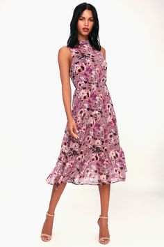 Gaun Koktail, Blue Lace Midi Dress, Tiered Midi Skirt, Mauve Dress, Guest Attire, Wedding Attire Guest, Midi Ruffle Dress, Floral Print Midi Dress, Print Midi Dress