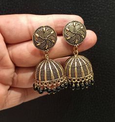 Handmade Golden Copper jhumka Earrings. Traditional Indian jhumkas. Gift for her. Earrings for women. Ethnic Earrings. Material - Brass . Beads colour- Black. Copper Earrings Handmade, Jaipur City, Indian Jhumka, Golden Copper, Traditional Earrings, Brass Beads, Ethnic Earrings, Handmade Brass, Jhumka Earrings