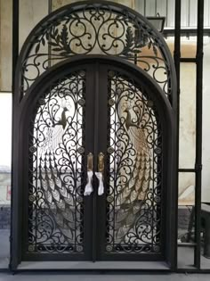 an ornate iron gate with two birds on it