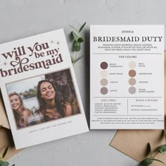 the bridesmaid card is next to an envelope with it's photo on it