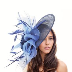 Navy Blue Statement Hatinator Women Kentucky Derby Hats Wedding Royal Ascot Fascinator Headpiece Church Cocktail High Ladies Day Headwear Hats By Cressida Kentucky Derby & Ascot Fascinator Hats Navy Blue Magdalena Crin & Feather Sinamay Disc Fascinator Hat Gorgeous fascinator made with navy blue crin, burnt coque feathers and flower on a large navy blue sinamay base. Measures about 12 inches wide, longer with crin This navy blue headpiece is mounted with a matching headband. If you prefer a head Blue Curved Brim Headpiece For Kentucky Derby, Blue Headpiece For Kentucky Derby, Elegant Blue Headpiece For Kentucky Derby, Blue Costume Hats And Headpieces For Kentucky Derby Races, Blue Costume Hats For Kentucky Derby Races, Blue Costume Hats And Headpieces For The Kentucky Derby, Blue Headpieces For Church In Spring, Blue Mini Hats For Kentucky Derby Races, Elegant Blue Costume Hat For Evening