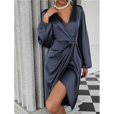 -Item Id 24392007 -Details: Wrap -Neckline: V Neck -Sleeve Type: Bishop Sleeve -Style: Elegant -Type: Fitted -Waist Line: High Waist -Hem Shaped: Wrap -Color: Navy Blue -Pattern Type: Plain -Sleeve Length: Long Sleeve -Fit Type: Regular Fit -Length: Midi -Material: Satin -Composition: 100% Polyester -Care Instructions: Machine Wash Or Professional Dry Clean -Sheer: No -Fabric: Non-Stretch **Open To Offers!!!** **Bundle To Save More** **30% Off Bundles Of 2 Or More Items!!** ***Orders Go Out With Chic Blue V-neck Dress For Fall, Elegant Blue Long Sleeve V-neck Dress, Chic Blue Long Sleeve V-neck Dress, Elegant Blue V-neck Long Sleeve Dress, Elegant Blue Midi Dress With Surplice Neckline, Elegant Blue V-neck Dress For Date Night, Blue Surplice Neckline Midi Dress For Party, Blue Midi Dress With Surplice Neckline For Parties, Blue Surplice Neckline Midi Dress For Evening