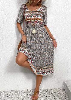 Summer Paisley Print Midi Dress With Short Sleeves, Casual Boho Print Patterned Midi Dress, Bohemian Boho Print Midi Dress, Multicolor Bohemian Midi Dress With Short Sleeves, Bohemian Midi Dress With Paisley Print, Bohemian Patterned Midi Dress With Short Sleeves, Casual Multicolor Floral Print Boho Dress, Bohemian Paisley Print Patterned Midi Dress, Bohemian Multicolor Ditsy Floral Print Dresses