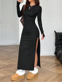 Solid Color Crew Neck Split Thigh High Long Sleeve Bodycon Dress Black Casual  Extra-Long Sleeve Knitted Fabric Colorblock,Plain Bodycon Medium Stretch  Women Clothing, size features are:Bust: ,Length: ,Sleeve Length: Winter Flowy Dress, Dress Black Casual, Black Bodycon Dress Long Sleeve, Mock Neck Bodycon Dress, Sports Jackets Women, Bodycon Dress Black, Extra Long Sleeves, Sleeve Bodycon Dress, Women Long Dresses