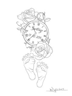 a black and white drawing of a clock with roses on it's face next to two feet