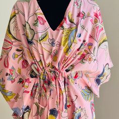 This Kaftan, Made From Incredibly Soft And Lightweight Cotton, Is Versatile For Many Occasions. Perfect For A Swimsuit Cover Up On The Beach Or By The Pool, With Shorts And A Tank Top Or Over A Summer Dress. Can Be Also Worn With A Glam Belt For A More Dressed Up Look For Lunch. It Compliments All Body Types With Its Long, Hangs Loose Design. It Can Be Worn In Many Different Stylish Ways To Make You Look Your Best! The Cotton Tie Accent At The Waist Makes It Easy For You To Wear. * This Beautifu Printed Loungewear Dress With Kimono Sleeves, Printed Dresses With Kimono Sleeves For Loungewear, Free Size Tunic Kaftan For Spring, Pink Floral Print Kaftan In Free Size, Printed Kaftan For Daywear, Printed Tunic Dress For Loungewear, Spring Cotton Kaftan With V-neck, Spring Cotton Flowy Kaftan, Cotton Dresses With Kimono Sleeves