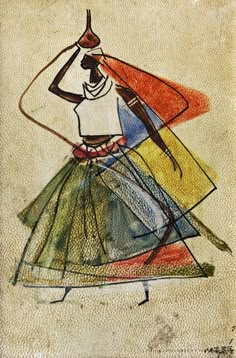 an artistic drawing of a woman in a colorful dress with her arms behind her back