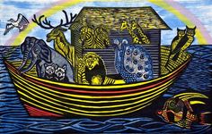 an image of a boat with animals in it and a house on the back ground