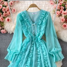 Materials: other Size: M L Color: apricot, blue, pink, white, black V Neck Dress, Apricot, Pink White, White Black, Victorian Dress, Cool Outfits, V Neck, Long Sleeve, Pink