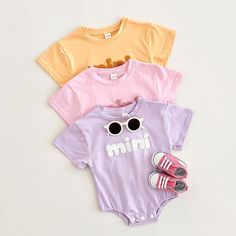 Cute Cotton Onesie For Spring, Cute Spring Cotton Onesie, Playful Short Sleeve Onesie For Spring, Spring Onesie With Cartoon Print For Playwear, Spring Cartoon Print Onesie For Playwear, Cute Short Sleeve Bubble Romper For Playdate, Cute Spring Cotton Bodysuit, Cute Cotton Bubble Romper With Cartoon Print, Playful Short Sleeve Onesie