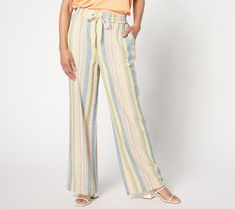 Simple (and slimming!) stripes give these linen blend pants a classic look and feel, while the wide leg silhouette provide a flattering fit. From Denim & Co.® Fashions. Striped Pant, Striped Wide Leg Pants, Linen Blend Pants, Wide Leg Pant, Striped Linen, Classic Looks, Linen Blend, Wide Leg Pants, Blue Denim