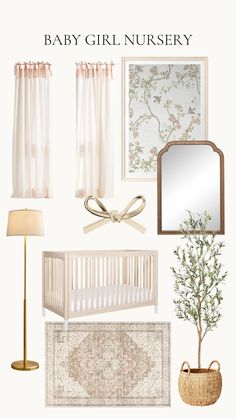 a baby girl nursery room with white furniture and accessories, including a crib, mirror, lamp, rugs, window curtain, table lamp, wall hanging