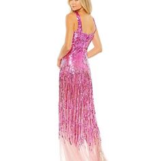 Mac Duggal Sequin mesh overlay; 100% polyester lining Fully lined through bodice; partially lined skirt Crisscross halter neckline Sleeveless Concealed back zipper Approx. 62.5" from top of shoulder to bottom hem Available in Hot Pink Style #93961 Pink Sleeveless Sequin Dress For Dress-up Occasion, Pink V-neck Embellished Evening Dress, Multicolor V-neck Sequin Dress For Evening, Mac Duggal Pink Dress, Glamorous Pink Maxi-length Sequin Dress, Jasz Couture, Mnm Couture, Sequin Evening Gowns, Mac Duggal