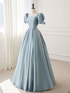 Prom Dresses Long Square Neck, Tea Length Dresses Formal Sleeve, Long Satin Dress With Sleeves, Modern 1800s Fashion, Blue Victorian Dresses, Prom Dresses With Puffy Sleeves, Poofy Sleeves Dress, Cute Puffy Dresses, Tea Length Dresses Formal