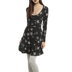 Please Read My Closet Info Listing Before Making An Offer Or A Bundle. Thanks! - Hot Topic Black & White Star Pattern Long Sleeve Skater Dress In Size Medium - New, Never Worn But I Did Accidentally Pull The Tag Off (Pictured) When I Was Trying It On - Has Pockets - Unlined - 95% Rayon, 5% Spandex; Contrast 100% Nylon - Machine Wash Cold With Like Colors Gentle Cycle, Line Dry, Cool Iron If Needed - Bust 36" Up To 40", Waist 28" Up To 32", Skirt Length 21", Shoulders 16", Inner Arm 19.25", Outer Long Sleeve Star Print Dress For Night Out, Fitted Star Print Mini Dress For Night Out, Hot Topic Outfits Skirts, Hot Topic Mushroom Dress, Vintage Hot Topic, Fitted Star Print Mini Dress, Black Mini Dress With Star Print, Map Dress, Witchy Dress