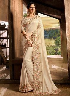 Beige With Golden Pallu Embroidered Designer Saree Designer Sarees Wedding, Designer Embroidery, Fancy Sarees Party Wear, Saree Gown, Saree Designs Party Wear, White Saree, Party Wear Saree, Designer Sarees Online, Satin Saree