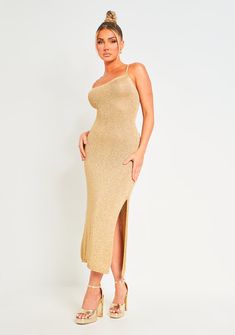 Skylar Gold Metallic Knit Midi Dress | Women's Dresses | MissyEmpire – MISSYEMPIRE Gold Maxi Dress, Metallic Knit, Glam Looks, Metallic Fabric, Gold Lace, Knit Midi, Knit Midi Dress, Lace Back, Gold Dress