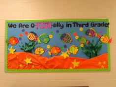 a bulletin board with fish on it in a school hallway, next to a bench