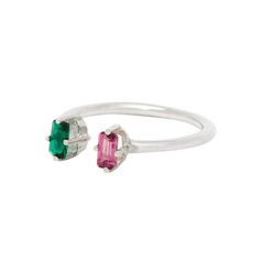 Making use of negative space in a positive way, the 'Jordana' finds the perfect balance between simplicity and intricacy with its pairing of two emerald cut stones. Cast in sterling silver or 10k yellow gold, this ring is set with 3x5mm Seza Rhodolite and 3x5mm Green Quartz. 3x5mm Emerald Cut Seza Rhodolite and Green Quartz Sterling Silver or 10K Yellow Gold Made in New York City Made to order, please allow 5-10 business days for production Fits true to size Sterling Silver Three Stone Baguette Cut Ring, Silver Three Stone Octagon Ring, Silver Three Stone Ring Octagon Shaped, Octagon Shaped Silver Three Stone Ring, Octagon Emerald Ring In Sterling Silver, Silver Emerald Cut Tourmaline Jewelry, Silver Emerald Cut Tourmaline Ring, Emerald Cut Multi-stone Sterling Silver Ring, Sterling Silver Emerald Ring With Baguette Cut