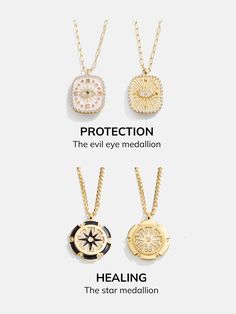 The 18K Gold Evil Eye Medallion Necklace is a reversible pendant piece, symbolizing protection. One side features a white evil eye surrounded by multicolored crystals on a light pink background. The other features a white evil eye with a textured 18K gold plated sterling silver background. The charm is attached to a sleek gold paperclip chain. Choose a side according to your mood that day and wear again and again. Real Gold Jewelry For Women, Cute Pendant Necklace Charms, Evil Eye Medallion Necklace As Gift, Elegant Medallion Jewelry With Evil Eye, Gold Medallion Necklace With Evil Eye, Yellow Gold Medallion Jewelry With Evil Eye, Symbolic Gold Evil Eye Charm Necklaces, Evil Eye Jewellery, White Evil Eye