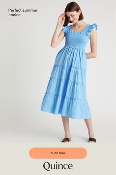 This floaty, flirty, light dress is about to become your fave for summer. Flattering A-line cut, smocked elasticated top, tiered poplin skirt. The sleeveless style has ruffle detailing and all in breathable, natural 100% organic cotton poplin. It's soft, comfy, and the midi-length has the potential to be dressed up or down.  | Quince | Women's Smocked Midi Dress in Cornflower Blue, Size XS, Organic Cotton Poplin Skirt, Light Dress, Linen Blazer, Rebecca Taylor, Cornflower Blue, Linen Shorts, Dress 100, Maternity Dresses, Quince