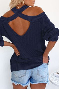 Navy blue cold shoulder sweater Fabric has stretch, lightweight, fitted style. Ribbed cuffs, neckline, and hem. Cold shoulder and stylish back cutout with long sleeves Pair this cute sweater with a skirt or jeans Unlined Stylish Knitwear, Backless Sweater, Solid Color Sweater, Cool Breeze, Cold Shoulder Long Sleeve, Cold Shoulder Sweater, Ribbed Knit Sweater, Shoulder Sweater, Soft Knits