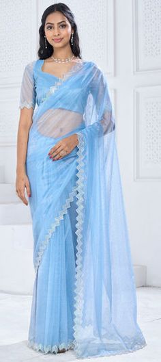 Blue color Saree in Organza Silk fabric with Stone, Swarovski work Blue Organza Unstitched Blouse Piece, Blue Organza Blouse Piece With Cutdana, Fitted Light Blue Blouse Piece For Wedding, Traditional Blue Organza Blouse Piece, Traditional Blue Organza Blouse, Festive Blue Organza Blouse Piece, Blue Organza Blouse Piece For Reception, Elegant Blue Organza Blouse Piece, Elegant Blue Organza Blouse