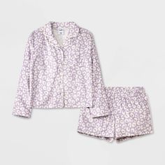 They'll love the cool comfort this 2-Piece Long-Sleeve Coat Pajama Set from art class™ brings to their bedtime routine. This set includes a sleep shirt and shorts, both crafted from recycled polyester knitted fabric for comfortable wear. The long-sleeve button-down shirt features a classic notched collar with a chest patch pocket, while the shorts have a full elastic waistband for a snug fit. Mix and match the set with other PJ separates for a variety of looks. art class™: One-of-a-kind looks fo Casual Fall Sets For Sleepovers, Casual Leopard Print Sleepwear For Loungewear, Fitted Leopard Print Sleepwear For Loungewear, Leopard Print Sleepwear For Summer Loungewear, Purple L, Long Sleeve Coat, Cozy Pajamas, Girls Sleepwear, Shirt And Shorts