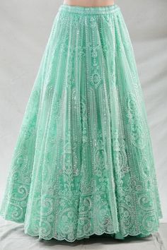 Green attached cancan lehenga with bead, sequin, cutdana, zari thread embroidery in stripe pattern. Paired with sleeveless embroidered padded blouse. Comes with dupatta. - Aza Fashions Festive Anarkali Embellished Skirt, Pista Green Floor-length Dress With Sequins, Festive Resham Embroidery Skirt For Wedding, Pista Green Anarkali Dress With Sequins, Semi-stitched Skirt With Resham Embroidery For Wedding, Semi-stitched Wedding Skirt With Resham Embroidery, Festive Embellished Wedding Skirt, Traditional Wedding Skirt With Intricate Embroidery, Pista Green Sequined Traditional Anarkali Set