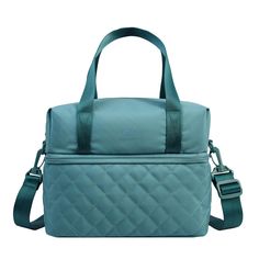 a blue handbag with straps on it