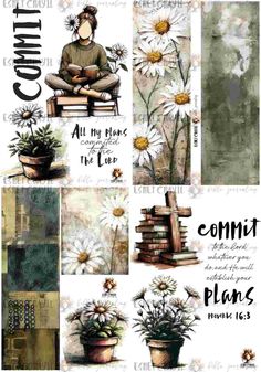 a collage of different images with flowers and words on the bottom, one has an image of a woman sitting in a chair next to a stack of books