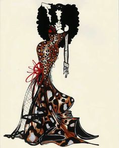 a drawing of a woman in an animal print dress with red ribbon around her neck