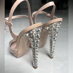 Miu Miu Nude Crystal Encrusted High Heels With Platform In Nude Patent Leather. Size 38, Us 8 Worn Once. Pristine Condition, Like New. 5.5” Heel With 1” Platforms Luxury Pointed Toe Sandals With Rhinestones, Embellished Patent Leather High Heels, Embellished Patent Leather Heels With Pointed Toe, Luxury Rhinestone Pointed Toe Sandals, Embellished Patent Leather Ankle Strap Heels, Embellished Ankle Strap Patent Leather Heels, Glamorous Patent Leather Sandals For Party, Crystal Embellished Ankle Strap Wedding Shoes, Luxury Leather Miu Miu Sandals