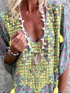 Bohemian Printed Colour V Neck Halflong Sleeve Dresses – Nayachic V Neck Collar, Swimsuit Material, Off Shoulder Fashion, Half Sleeve Dresses, Floral Outfit, Sleeve Pattern, Sleeve Dresses, Women Sleeve, Fur Fashion