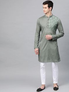 Eid Pista Green Kurta With Floral Embroidery, Bollywood Cotton Bandhgala With Floral Embroidery, Bollywood Style Dabka Sherwani For Spring, Bollywood Dabka Sherwani For Spring, Eid Green Sherwani With Floral Embroidery, Eid Kurta With Floral Embroidery In Green, Spring Sherwani With Dabka On Straight Kurta, Green Floral Embroidered Kurta For Eid, Green Floral Embroidery Kurta For Eid