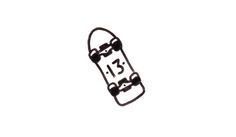 a black and white photo of a skateboard with the number thirteen printed on it