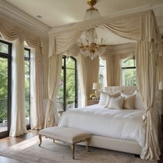 a large bed sitting inside of a bedroom next to two windows and a chandelier