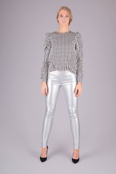 "Leather silver leggings. Silver Chic. High waist and hidden zipper at the back. It's part of the collection \"Face Off\". Fabric & Color: Leather I  Elastic Leather I Silver Size: Available sizes S & customized fits / plus sizing - FREE Customsized The model in the picture wears size S Available colors - as pictured  Made with a lot of attention and love in our Bulgarian design studio. Size: Available in sizes XS, S, M - Please look at the size table here: https://www.yunverkiose.com/size-table Trendy Metallic Leggings For Fall, Silver Leggings, Long Leggings, Classic Pants, Metallic Leggings, Legging Outfits, Cool Jackets, Face Off, Leather Leggings