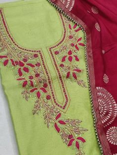 Item Overview ATHARVA Hand Embroidered Salwar Kameez/Green Chanderi Silk Shirt/Reds Banarsi Silk Dupatta/Custom Stitch Unstitch/Customized Anarkali or Sharara/Gift Dno. CH1742 Fabric: * Shirt: Chanderi Silk- Beautiful Neck Hand Embroidery/ 2.5 Mts/Stitch-Unstitch/Customized Anarkali or Sharara * Dupatta: Banarsi Silk Dupatta 2.5Mts/Trim Border/Lace/Stone Work/Latkans Tassels * Bottom- Santoon Silk/ It doesn't require Lining/2.5 Mts. Excusive Hand Embroidered Party Wear Punjabi Suit. Customizatio Pista Green Semi-stitched Suit For Diwali, Semi-stitched Pista Green Churidar With Embroidered Border, Pista Green Chanderi Kurta With Resham Embroidery, Fitted Green Jamawar Churidar, Diwali Lawn Suit With Embroidered Border, Navratri Lawn Suit With Embroidered Border Straight Kurta, Festive Churidar With Embroidered Border In Jamawar, Traditional Pista Green Dola Silk Kurta, Pista Green Straight Kurta Churidar In Dola Silk