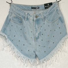 Fashion Nova Light Denim Embellished High Waisted Shorts Size Small Spike Me A Pose Denim Shorts New Measurements In Photo Used W/Iphone New, Shorts, Spikes, Festival, Denim Trendy High Waist Jean Shorts For Parties, High Waist Jean Shorts For Spring Party, Denim Shorts For Night Out, Trendy Summer Party Jean Shorts, Denim Jean Shorts For Night Out, Party Cutoff Denim Shorts, Casual Jean Shorts For Summer Party, Casual Summer Party Jean Shorts, Party Jean Shorts For Spring