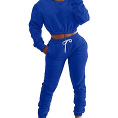 Solid Sportswear Casual Sweatshirt Jogger Pants Set Relaxed Fit Athleisure Tracksuit With Drawstring, Athleisure Tracksuit With Drawstring And Relaxed Fit, Relaxed Fit Sports Sweatshirt With Drawstring, Winter Workout Tracksuit In Solid Color, Solid Color Casual Sweats For Workout, Sportswear Tracksuit With Drawstring For Loungewear, Sportswear Tracksuit With Drawstring, Sportswear Tops With Pockets For Loungewear, Blue Tracksuit With Ribbed Cuffs