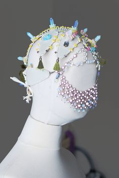 Masquerade face chain headpiece mask for carnival, festivals or burning man. Harajuku fashion mask. Headpiece made by bead embroidery technique. Crystal crown inspired by Japanese wedding costume. The trend of harajuku fashion. Size adjustable on back. Oversized headpiece. Headpiece made of: Vegan leather of vanilla color, White opal point beads, Round opal stone beads, Round transparent quartz stone beads, Glass crystal beads, Natural corals, Moss cotton tassels, Colored flakes, Seed beads, Veg Adjustable Festival Headpiece With Rhinestones, Adjustable Rhinestone Headpiece For Festival, Adjustable Rhinestone Festival Headpiece, Carnival Adjustable Beaded Headpiece, Carnival Beaded Adjustable Headpieces, Unique Festival Headband Headpiece, Bohemian Headpieces For Carnival Festival, Handmade Summer Festival Headpieces, Adjustable Headpiece For Carnival Festival